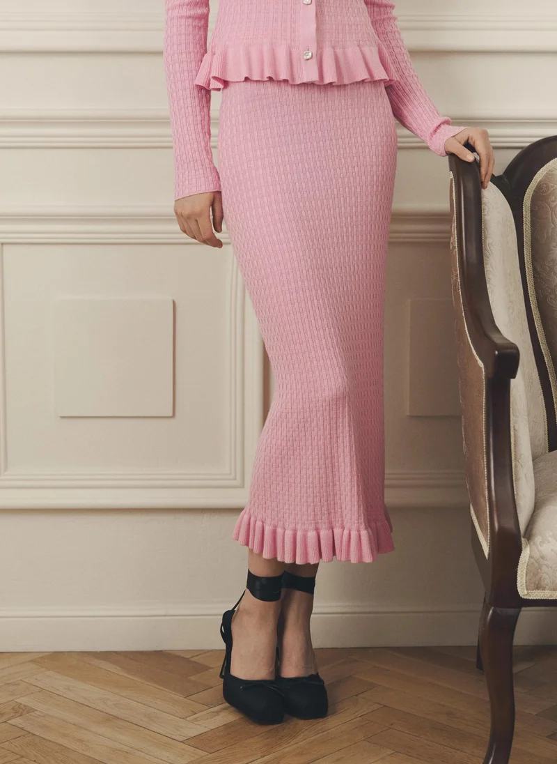 ليتشي تنورة ميدي مستقيمة محبوكة مع كشكشة